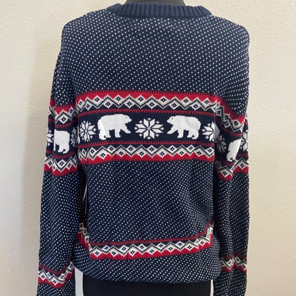 Aspen Mens Medium Polar Bear Christmas Sweater Navy Blue Red White Fair Isle - Picture 1 of 8